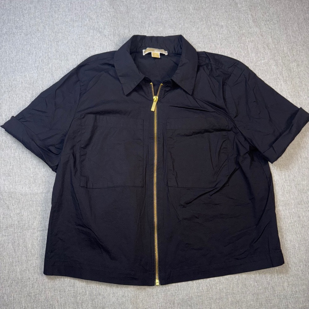 Michael Kors Womens Black Short Sleeve Zip Front Utility Shirt Top Size Medium